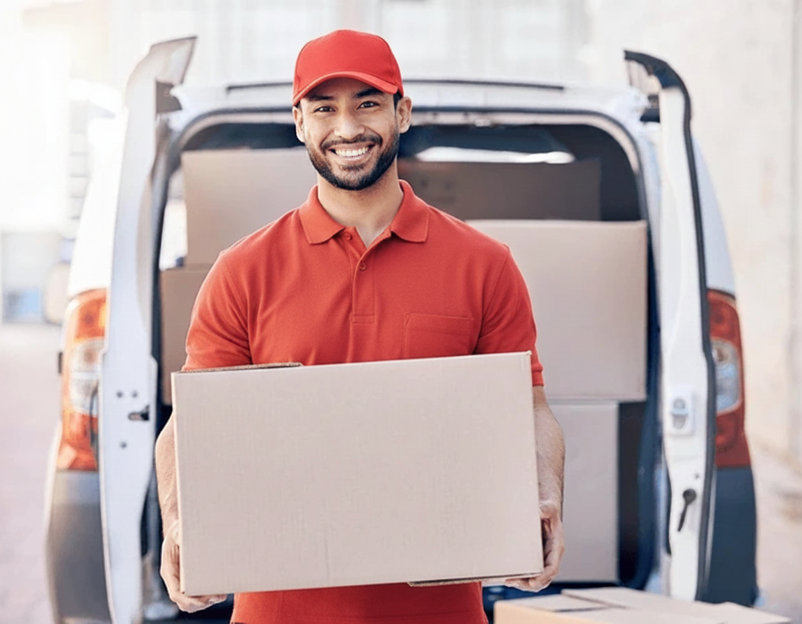 Happy delivery professional with customer